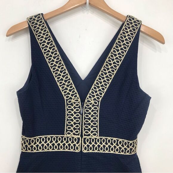 Lilly Pulitzer Aveline Navy Blue Metallic Gold Trim Sleeveless Shift Dress - Picture 10 of 14